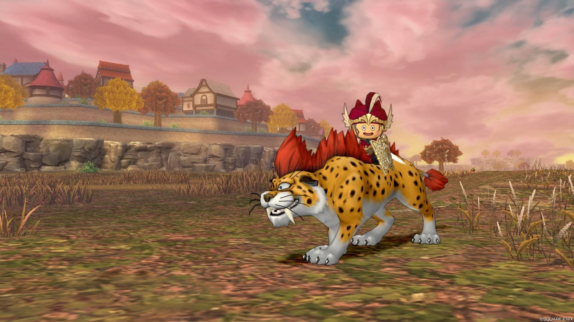 ゲーム内の夕暮れ草原でキラーパンサーに乗るキャラクター